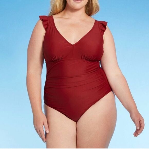 NWT Kona Sol One Piece Swimsuit Size 22W Brick Red Ruffle Strap Ruched Plus Size - Picture 16 of 16